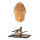 Assorted including bronze fox formed paperclip, lacquered papier-mache box, bronze paperweight, lead