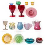 A quantity of Victorian and Continental coloured glassware, including cranberry glass, a pair of