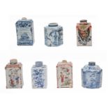 A collection of mainly 19th century Continental faience and Delft tea jars, including a polychrome