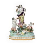 A Frankenthal style porcelain figure group, late 19th/early 20th century, as a goddess standing on a