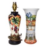 A Moorcroft Pottery lamp, 30cm high; and a Moorcroft Pottery Quayside pattern vase, circa 1999,