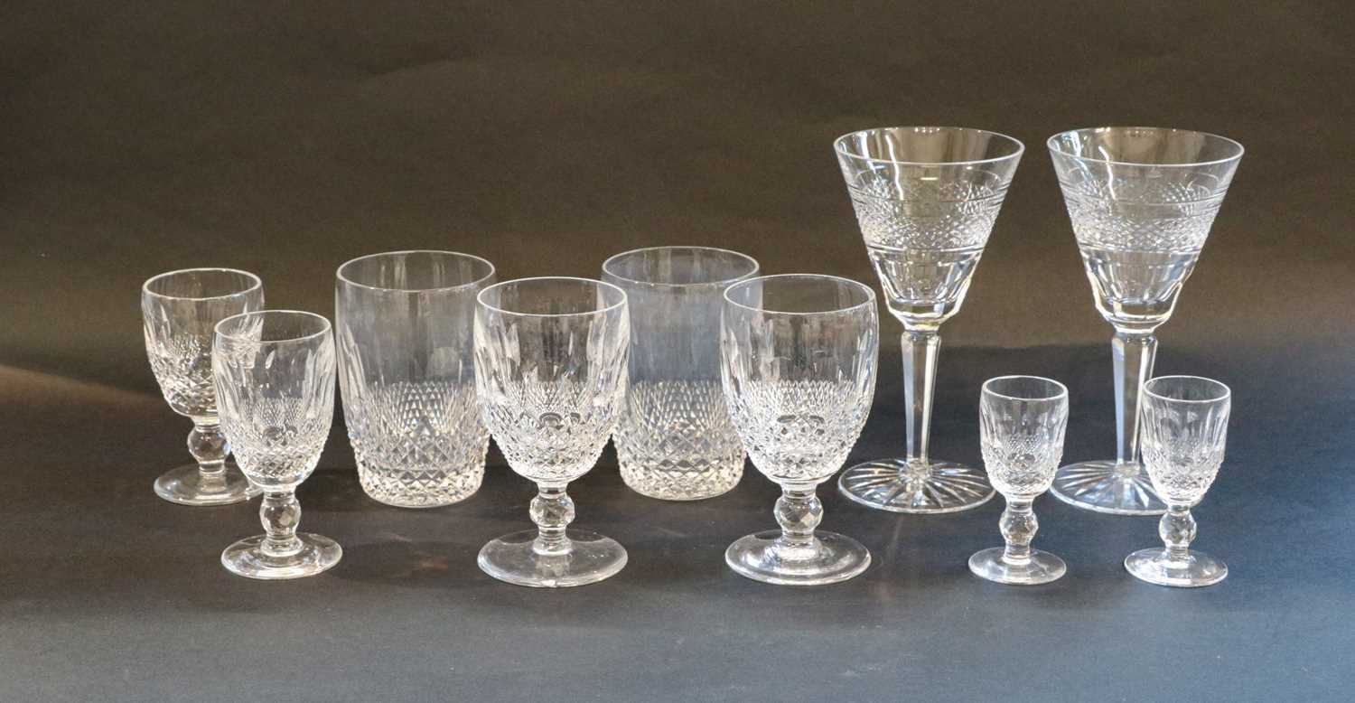 Waterford and other glass comprising eight Waterford wines, seven Waterford tumblers, ten