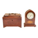 An Edwardian mahogany inlaid timepiece; together with a Georgian mahogany tea caddy (2)Condition