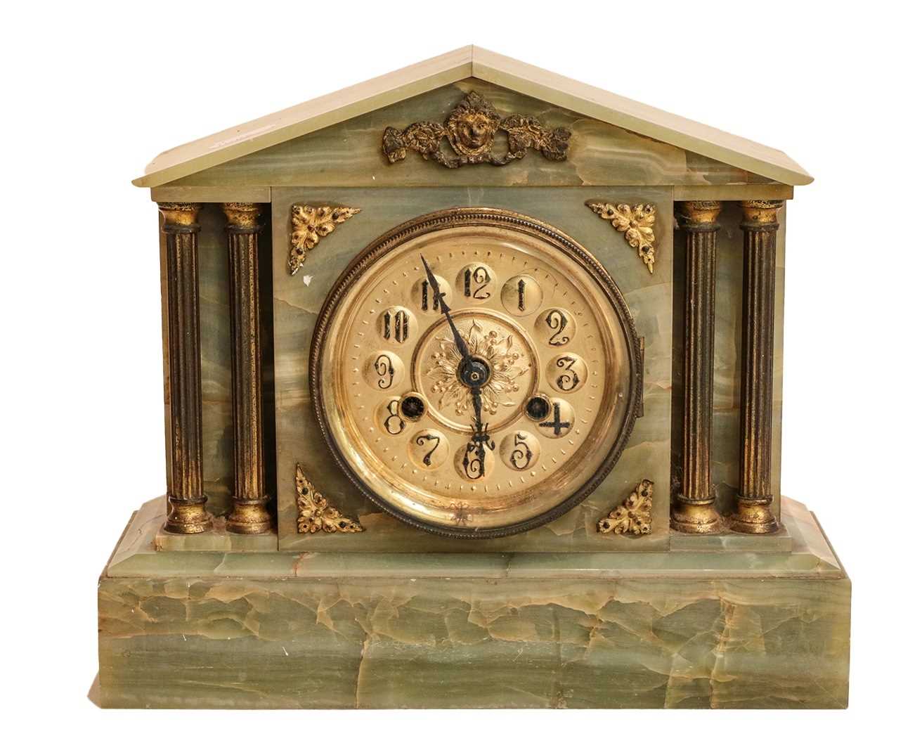 A Victorian mahogany wheel barometer and a green onyx striking mantel clock, circa 1900 (2)