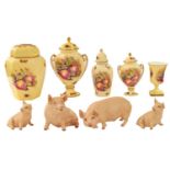 A collection of Aynsley Orchard gold vases and Aynsley bisque models of pigs (one tray)