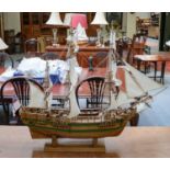 1:60 scale model of HMS Bounty; together with a 1:35 scale model of a French lobster fishing boat