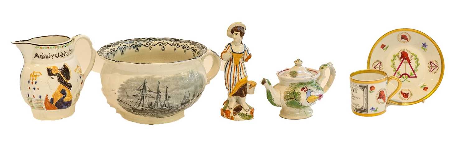 Assorted ceramics including an early 19th century Prattware figure allegorical of Summer (a.f), four