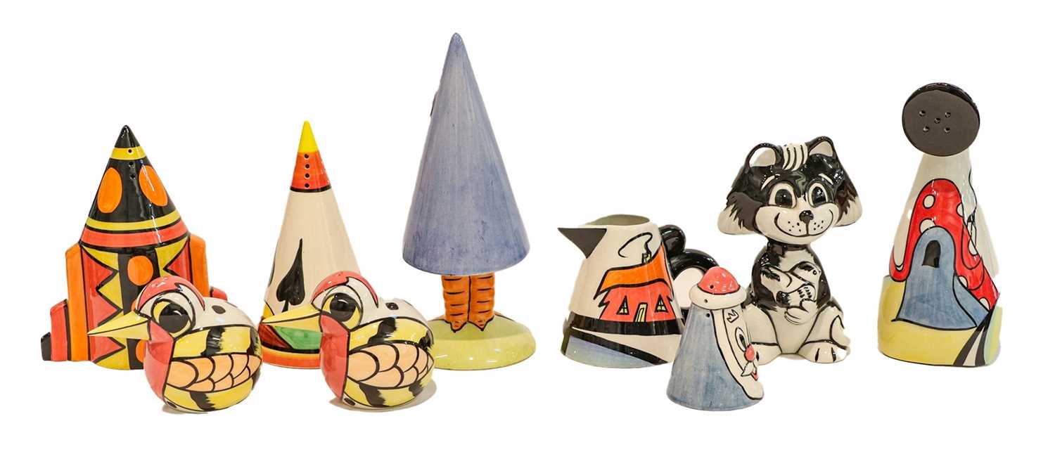 Nine pieces of Lorna Bailey pottery including conical sugar siftersCondition report: All pieces in