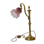 Victorian brass table lamp with Cranberry tinted shade; framed watercolour of a Jay signed Carl