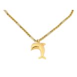 A dolphin pendant on chain, the yellow dolphin motif suspended from a plain polished bale, on a