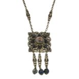 An Austro-Hungarian style hardstone and lapis lazuli necklace, the central round cabochon