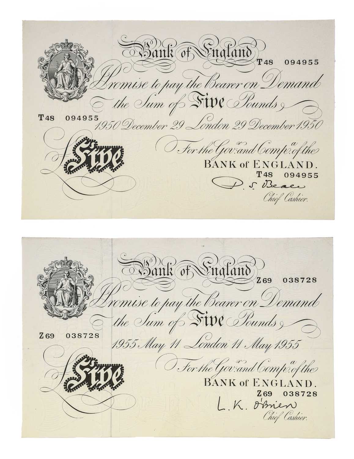 Bank of England, White £5 (2), Beale, 29 Dec 1950, T48 and O'Brien, 11 May 1955, Z69. Fresh and