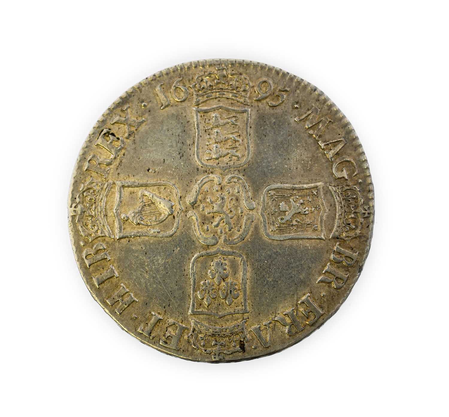 William III, Crown 1695 SEPTIMO, first bust, cinquefoil stops for crosses on edge; minor rev.