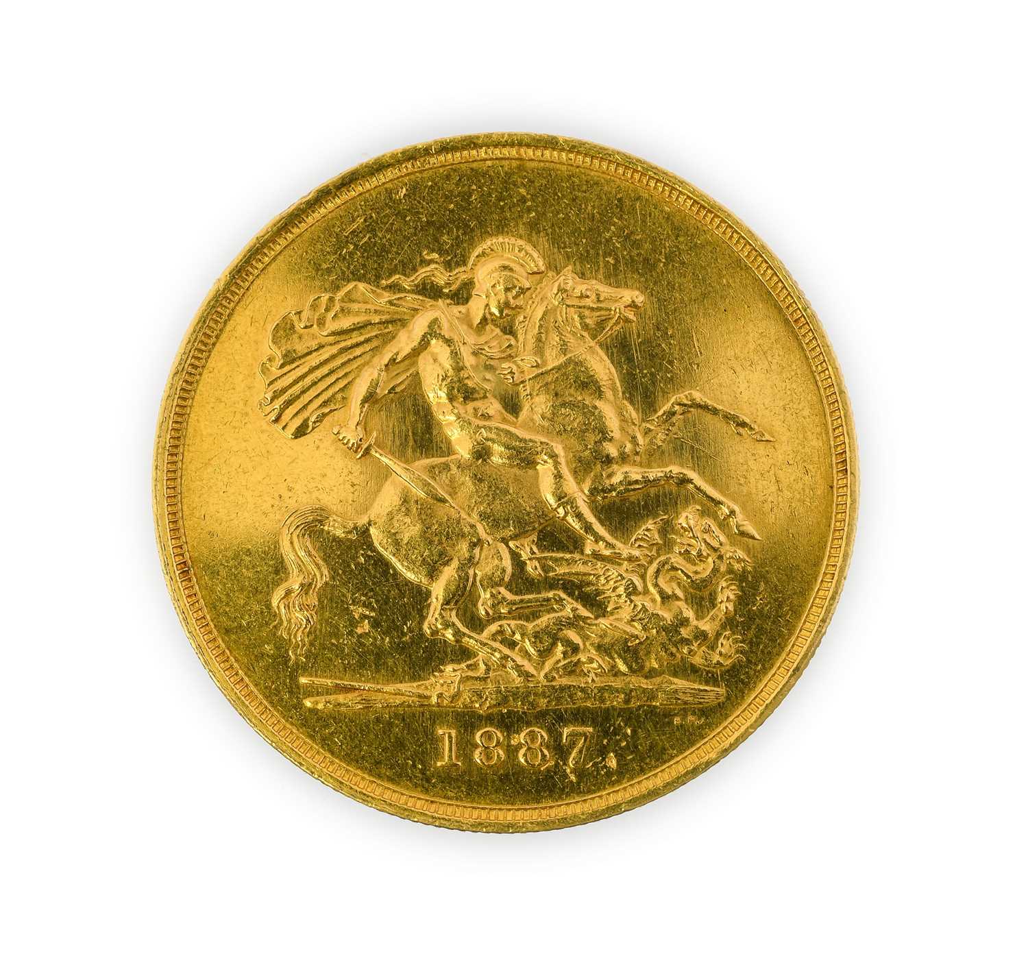 Victoria, Five Pounds, 1887, Jubilee head left, rev. St. George slaying dragon, (S.3864). Perhaps