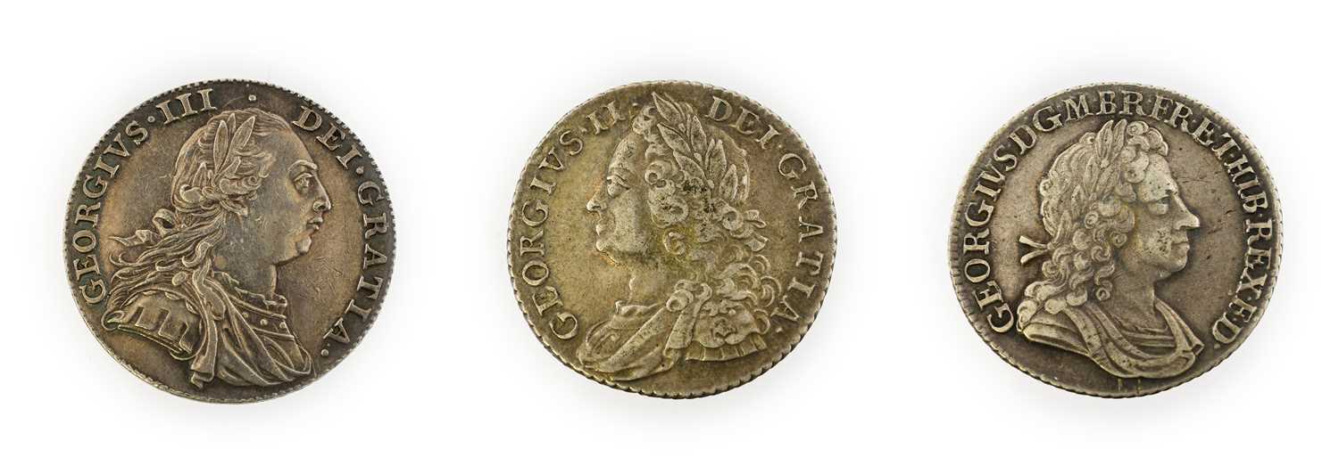 3 x Shillings comprising: George I 1723 first laureate & draped bust, rev. crowned cruciform shields - Image 2 of 2