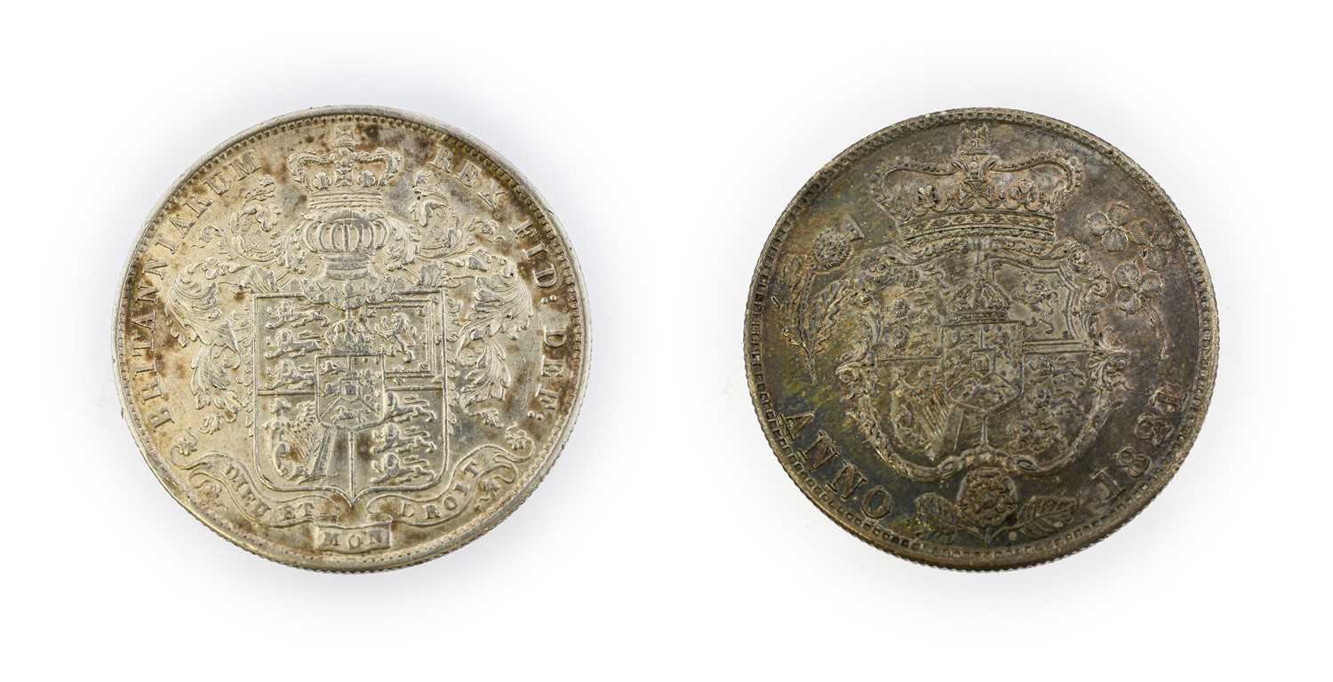 George IV, 2 x Halfcrowns comprising: 1821 laureate head, rev. crowned garnished shield, obv.