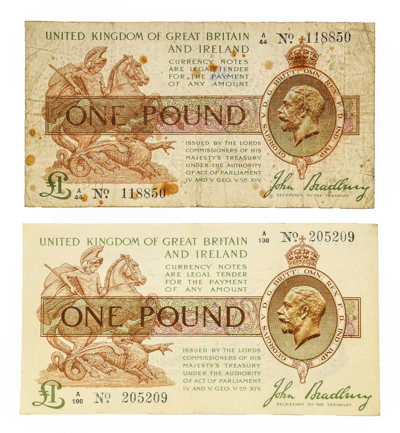 Great Britain, Treasury £1, Bradbury, 1917, third issue, brown, purple and green (2), first series