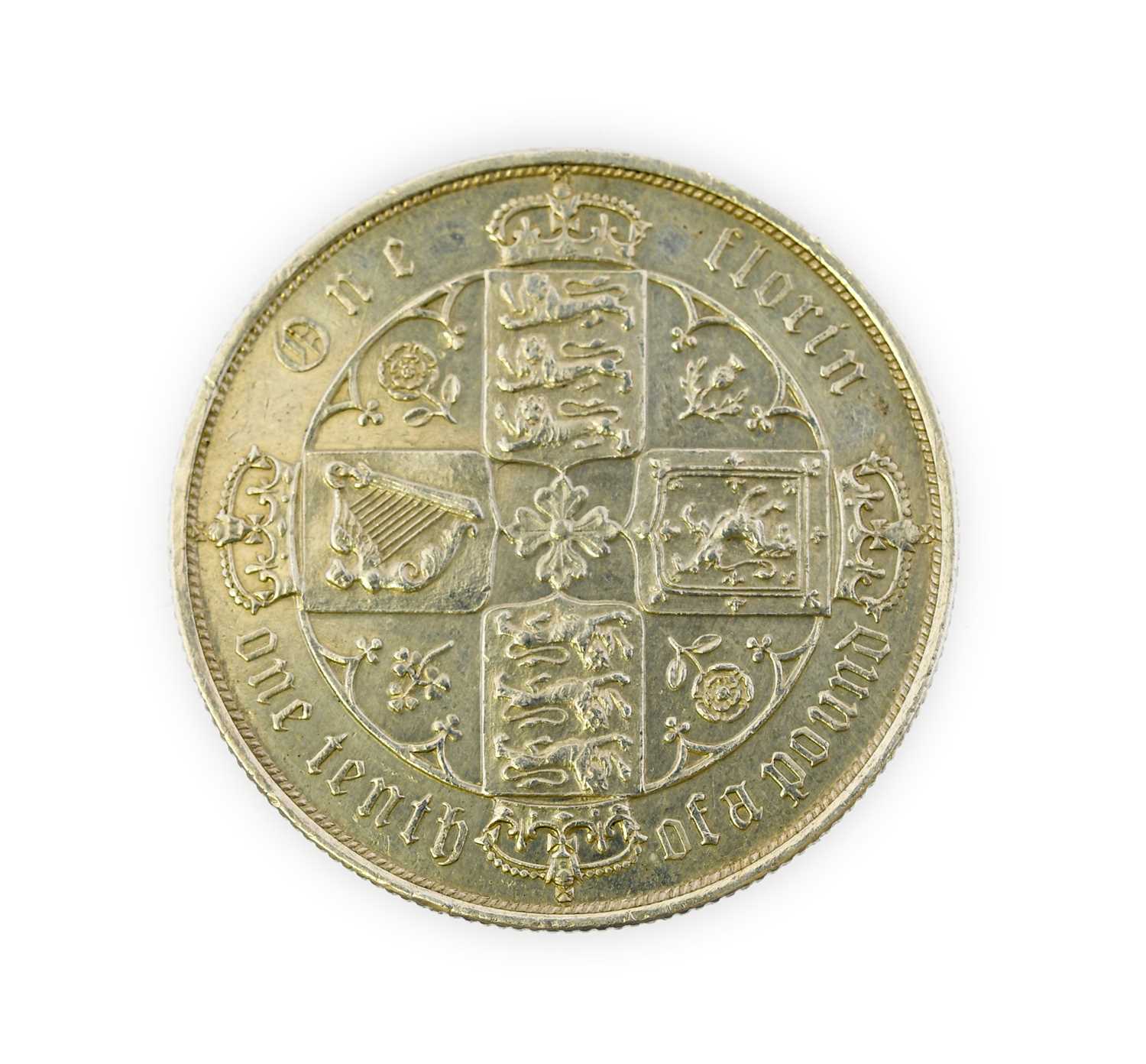 Victoria, Florin 1884 ‘Gothic’ type, rev. crowned cruciform shields with national emblems in angles,