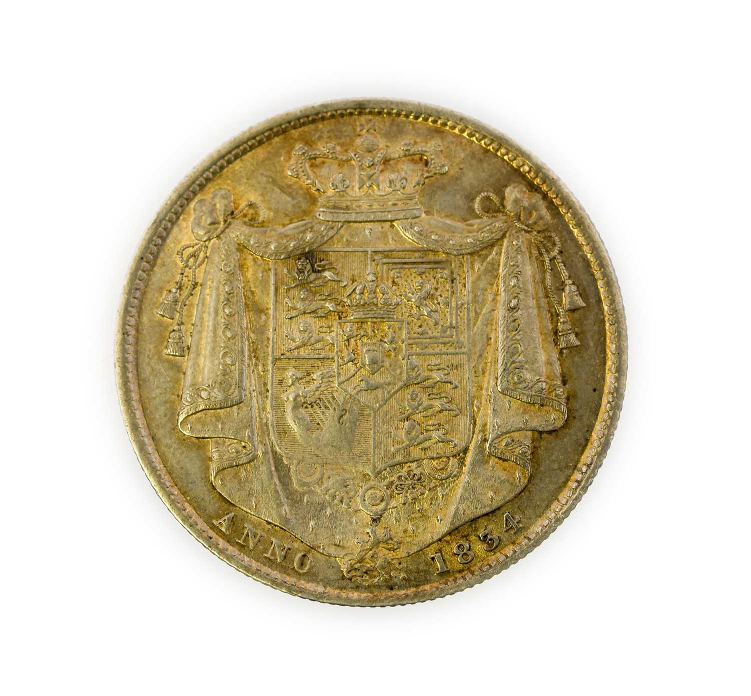 William IV, Halfcrown 1834, obv. bare head, WW in script on truncation, rev. shield on mantle;