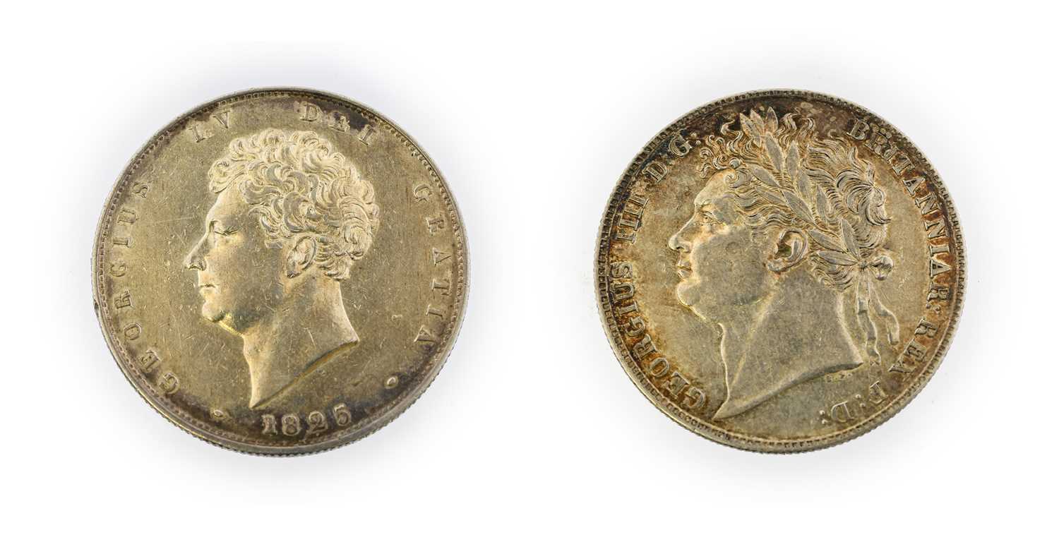 George IV, 2 x Halfcrowns comprising: 1821 laureate head, rev. crowned garnished shield, obv. - Image 2 of 2