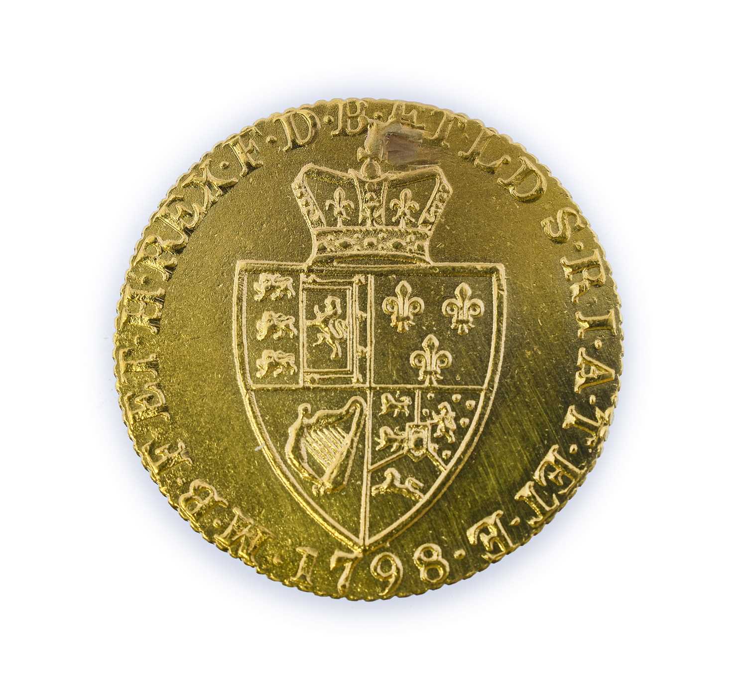 George III, Guinea, 1798, fifth laur. bust right, rev. crowned 'spade' shield, (S.3729). Pierced,