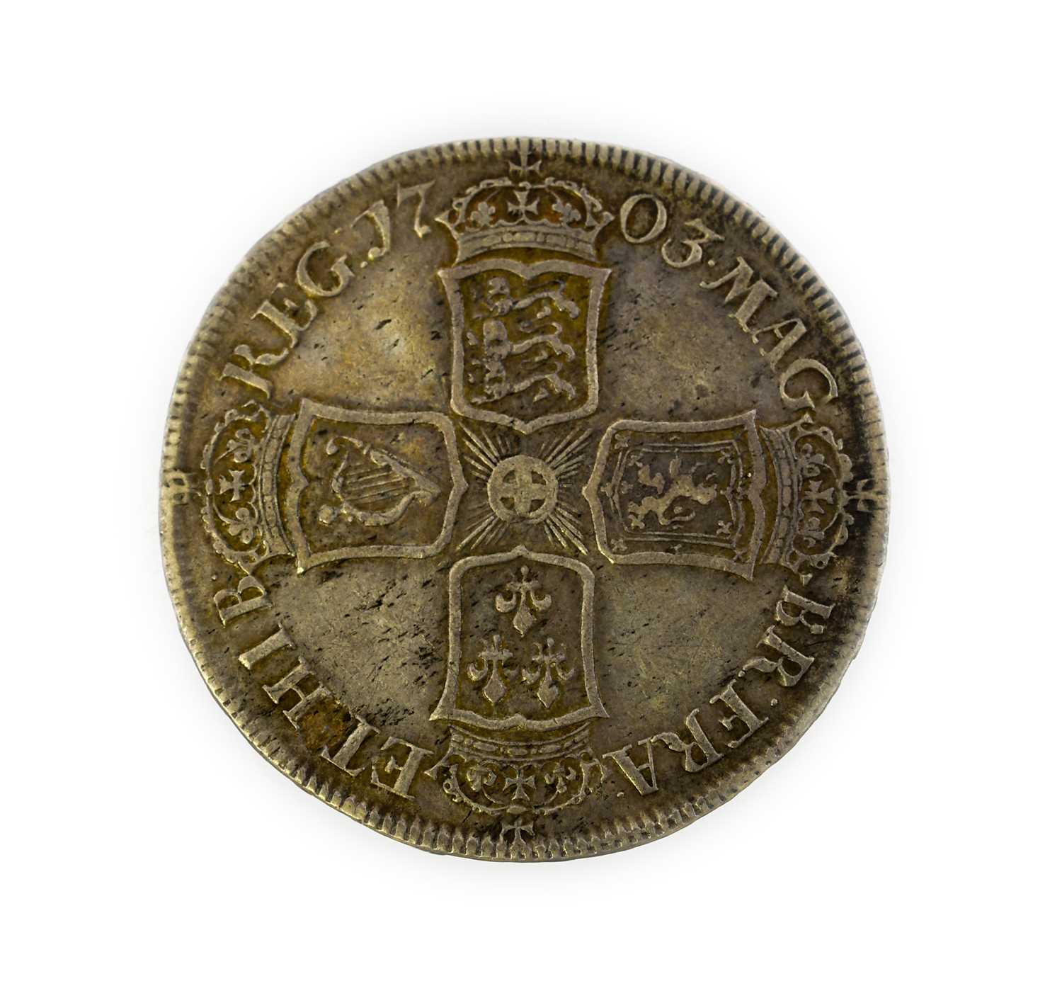 Anne, Halfcrown 1703 TERTIO, VIGO below bust, rev. Pre-Union with Scotland cruciform shields; obv. &