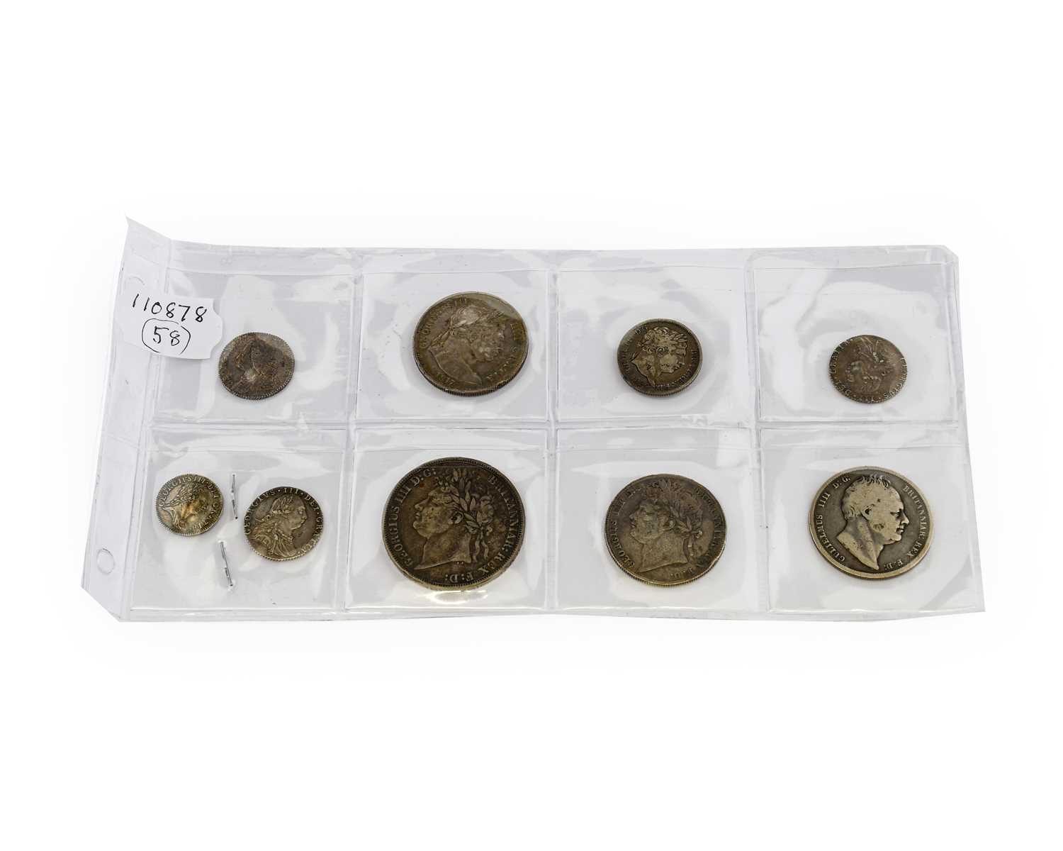 9 x Pre-Victoria Silver Coins comprising: George II, Sixpence 1758 good edge & surfaces, lustrous - Image 2 of 2