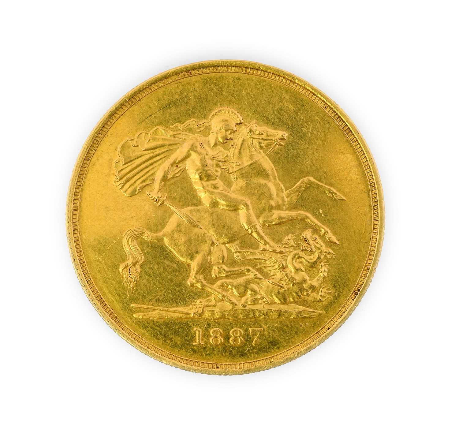 Victoria, Five Pounds, 1887, Jubilee head left, rev. St. George slaying dragon, (S.3864). Light