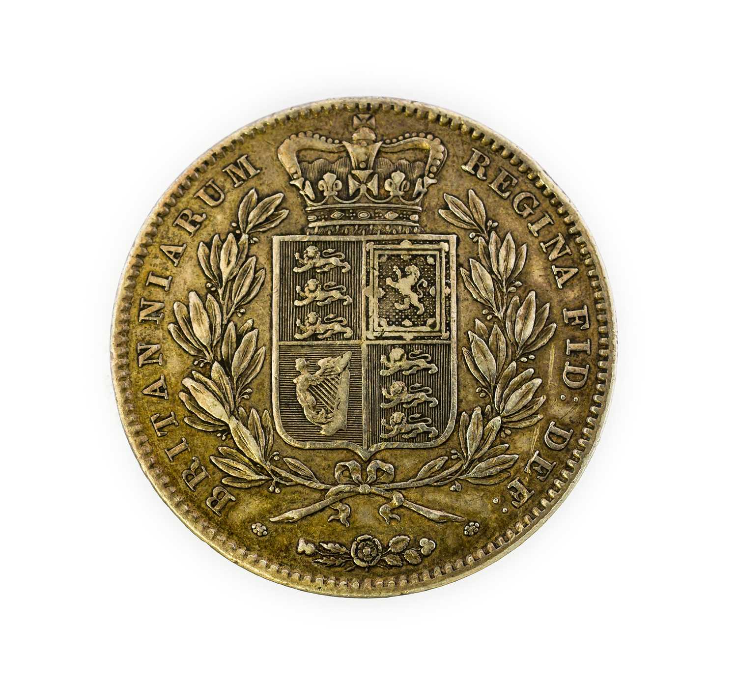 Victoria, Crown 1845 VIII, cinquefoil stops, Young Head, rev. crowned shield; obv. scratch from ‘