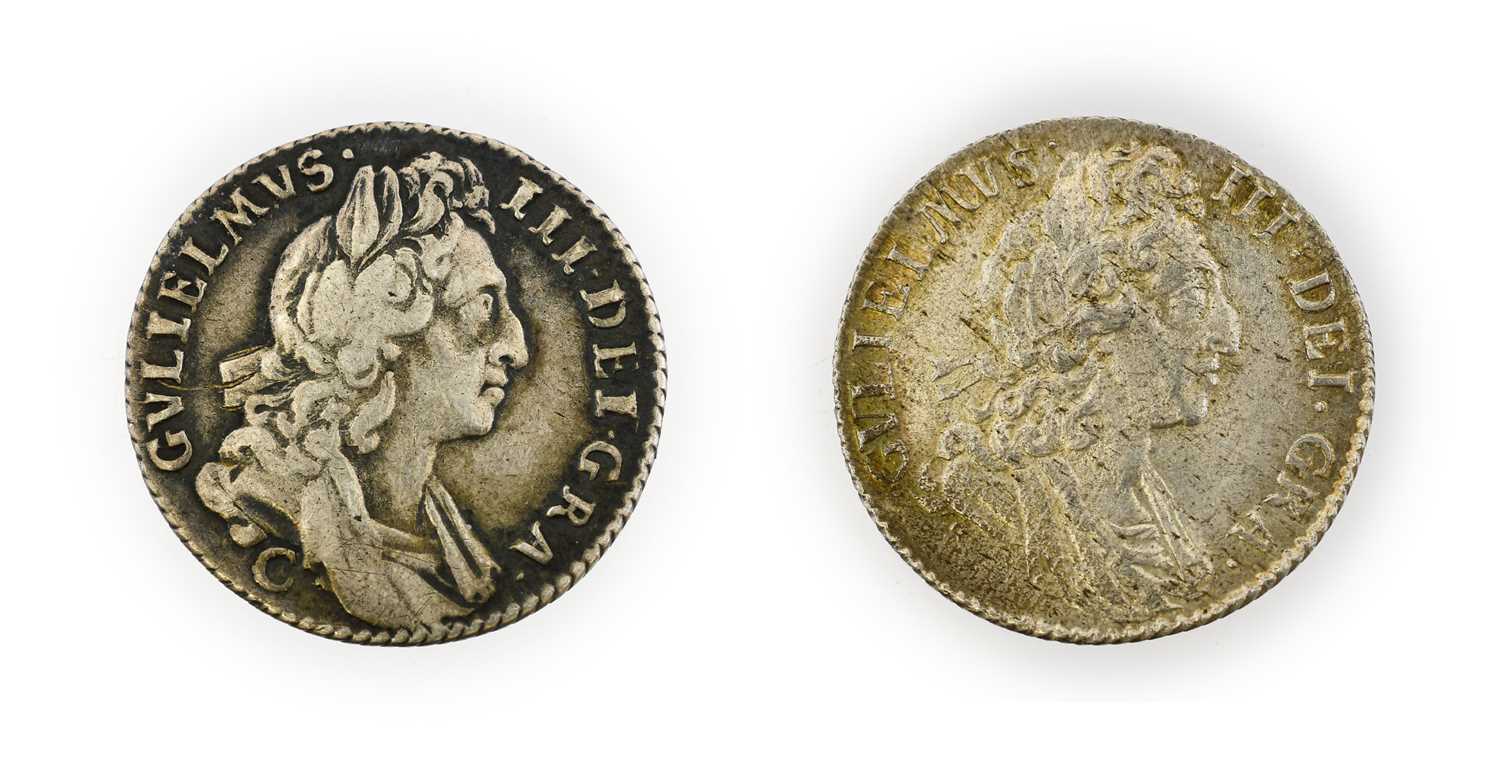 William III, 2 x Sixpences comprising: 1697 third draped bust, later harp, large crowns; very - Image 2 of 2