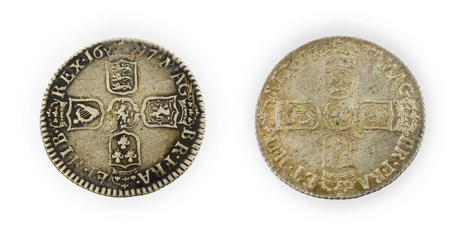 William III, 2 x Sixpences comprising: 1697 third draped bust, later harp, large crowns; very