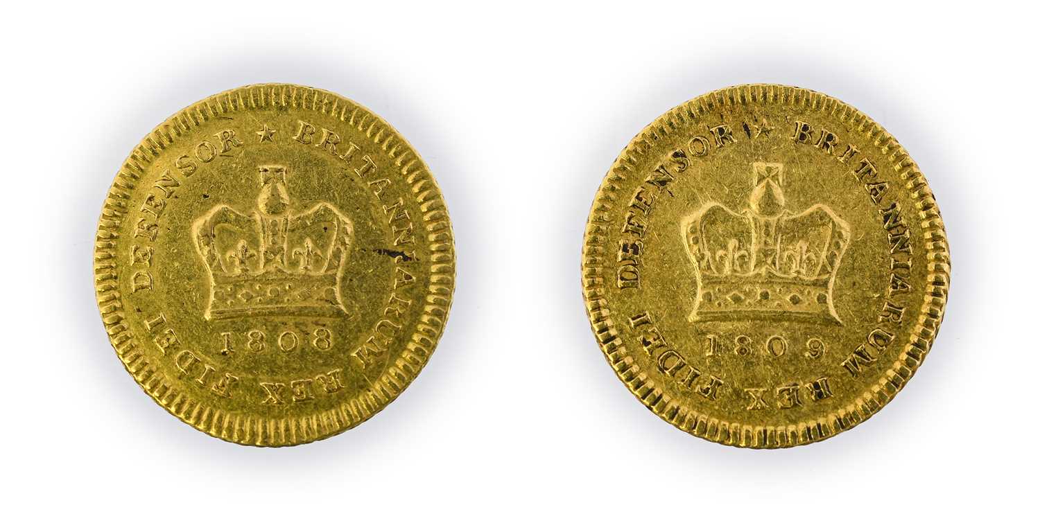 George III, Third guineas (2), 1808 and 1809, second laur. head right, rev. crown, date below, (S.