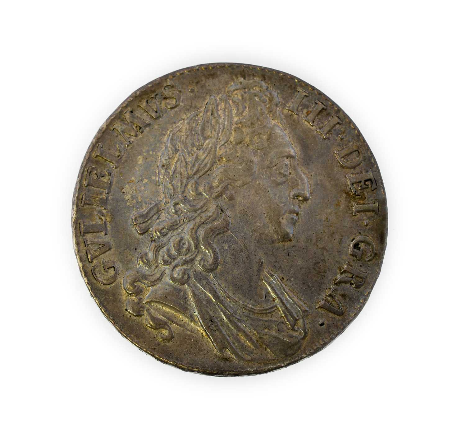 William III, Crown 1695 SEPTIMO, first bust, cinquefoil stops for crosses on edge; minor rev. - Image 2 of 2