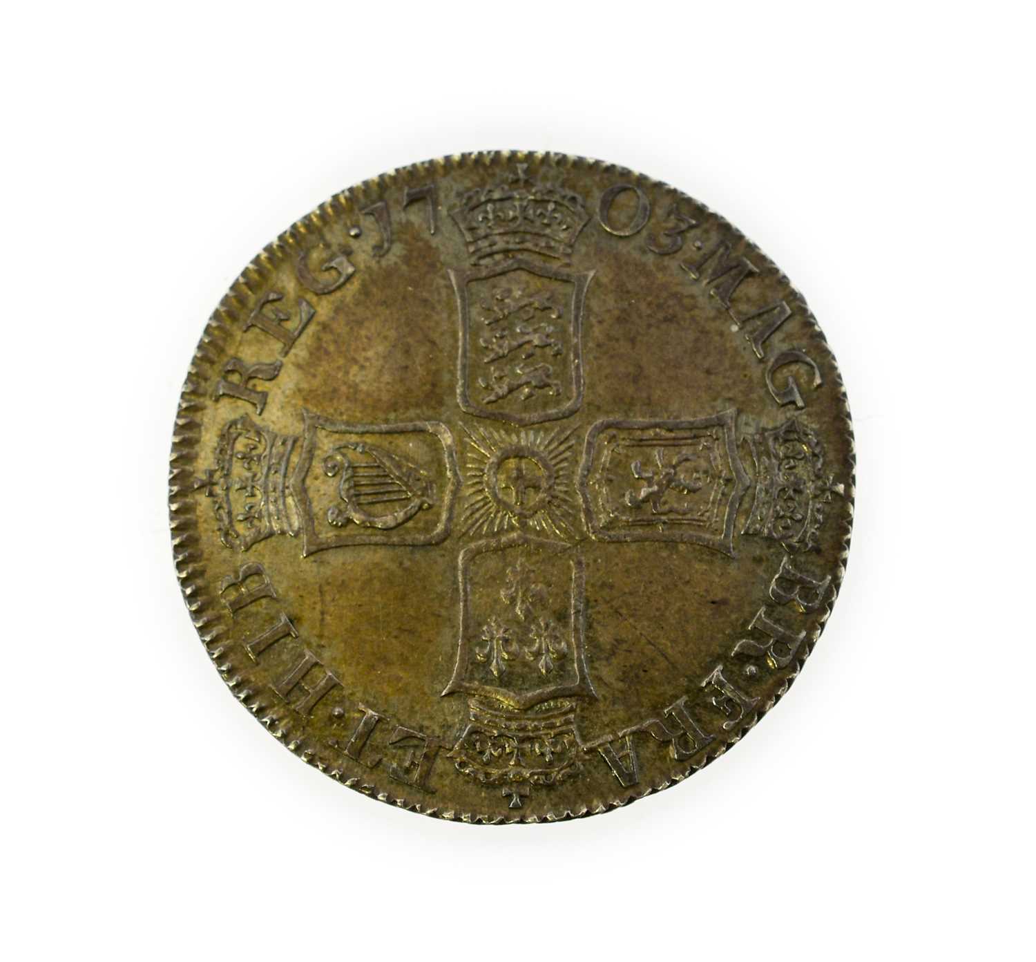 Anne, Shilling 1703 VIGO, second draped bust, rev. Pre-Union with Scotland crowned cruciform