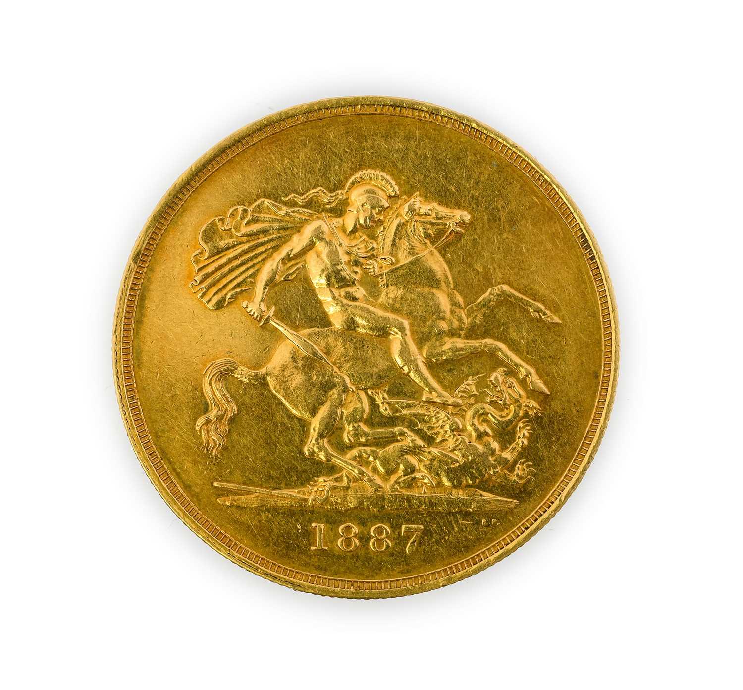 Victoria, Five Pounds, 1887, Jubilee head left, rev. St. George slaying dragon, (S.3864). Minor