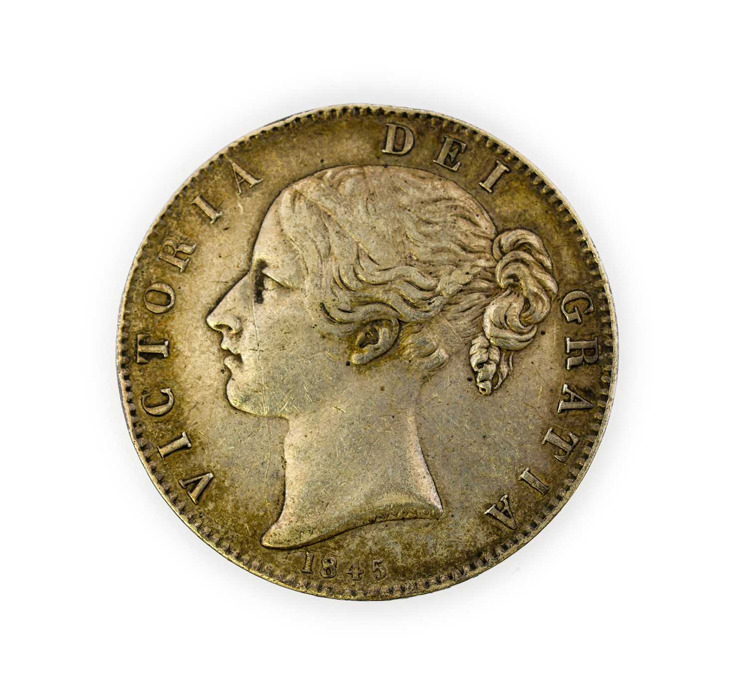 Victoria, Crown 1845 VIII, cinquefoil stops, Young Head, rev. crowned shield; obv. scratch from ‘ - Image 2 of 2