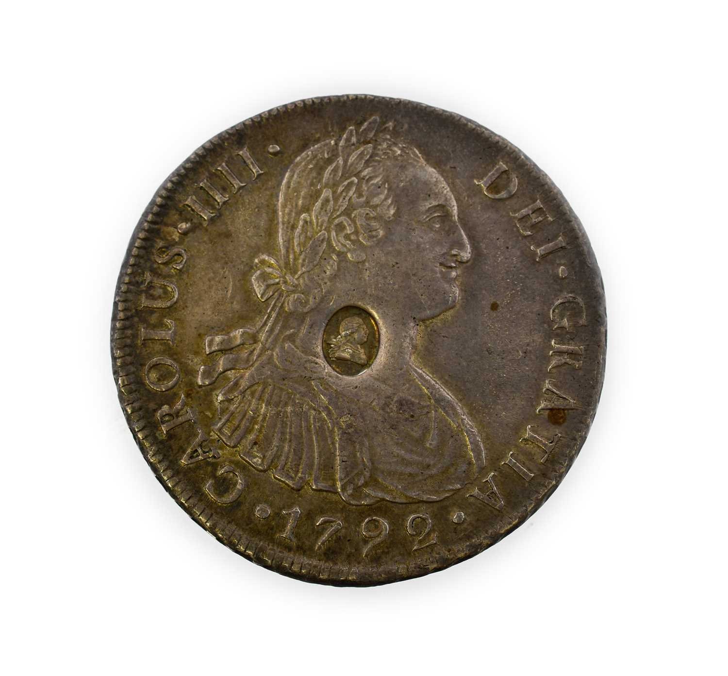 George III, Emergency Issue Dollar, oval countermark, struck on Peru 8 reales 1792 I J, Lima Mint (