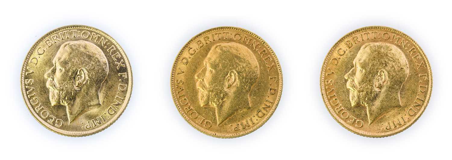 George V, Sovereigns (3), 1911, 1913 and 1914, bare head, (S.3996). Generally nearly extremely fine - Image 2 of 2