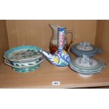Two Persian style pottery dishes, two pottery lidded bowls with frog handles etc.