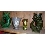 Two Dartmouth pottery gurgle jugs and two other pots