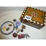 Old enamel badges in an inlaid box, inc. military, car, road and cycle clubs. Together with a pair