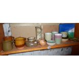 Shelf of studio pottery inc. pieces by Christina Griffin etc.