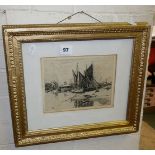 Etching of sailing fishing boats in harbour, signed in pencil, Edward G. Charlton