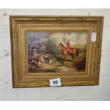 Small gilt framed oleograph of a huntsman and hounds