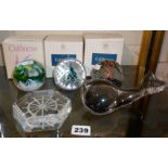 Three Caithness glass paperweights with boxes, together with an Art glass whale and Kosta crystal