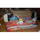Vintage tin plate battery operated space ship jet car with compressed air jet for balls and lights