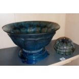 Large Art Deco marbled blue glass flower bowl on stand