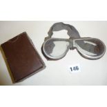 WW2 pair of folding motorcycle or pilot goggles, with original case (crack to one lens)