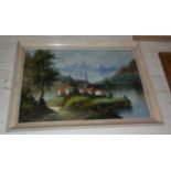 Large 1960's oil on canvas of Italian lakeside scene, signed Remi