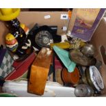 Box containing desk items, door hardware, military shields, brass and other metalware